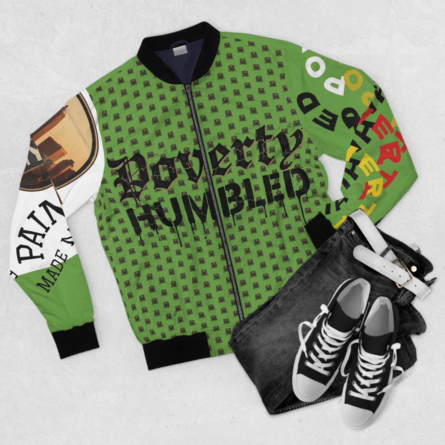 P.HMBLD Pattern Distressed House Graphic Bomber Jacket " Green "