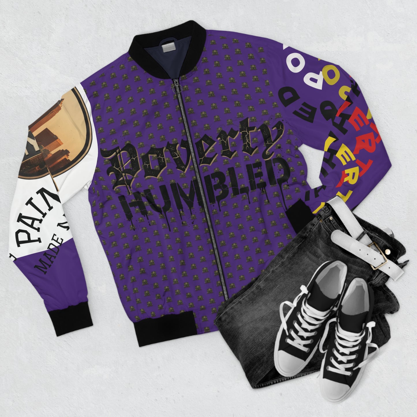 P.HMBLD Distressed House Graphic Bomber Jacket