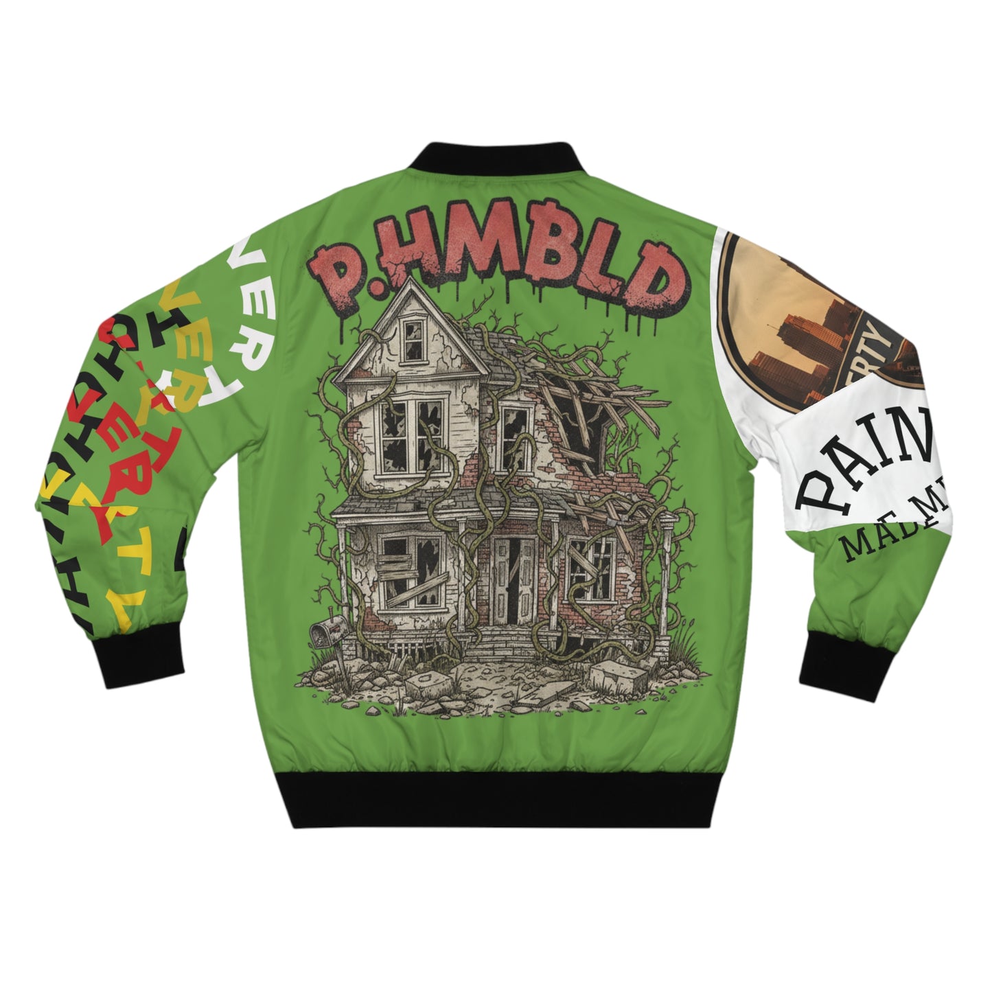 P.HMBLD Distressed House Graphic Bomber Jacket