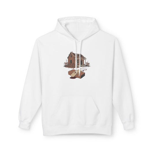 Poverty Humbled Graphic Hoodie — Distressed Gothic Text & Rustic Cabin Design