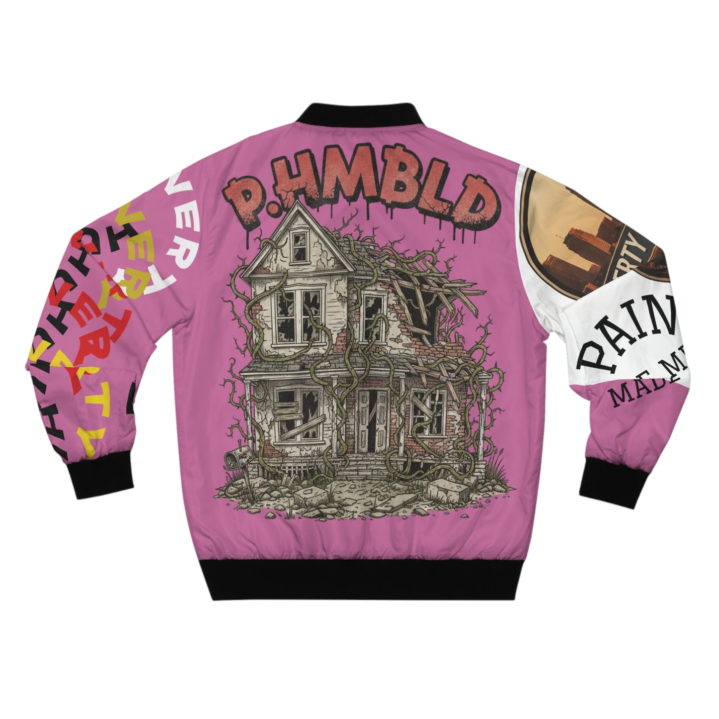 P.HMBLD Pattern Distressed House Graphic Bomber Jacket " Pink "