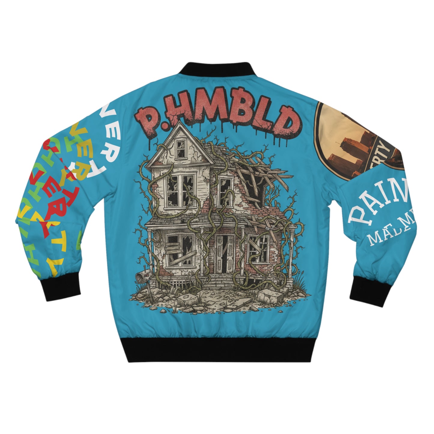 P.HMBLD Distressed House Graphic Bomber Jacket
