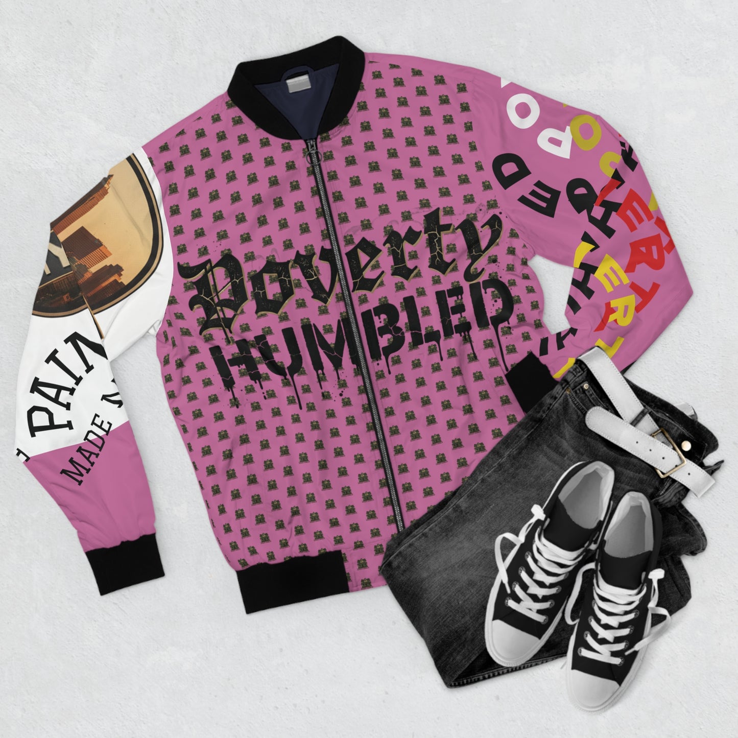 P.HMBLD Pattern Distressed House Graphic Bomber Jacket " Pink "