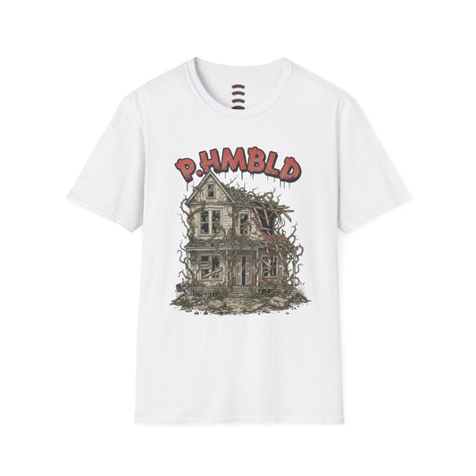 Poverty Humbled T-Shirt — Vintage Haunted House Graphic with “P.H. Poverty Humbled” Back Logo