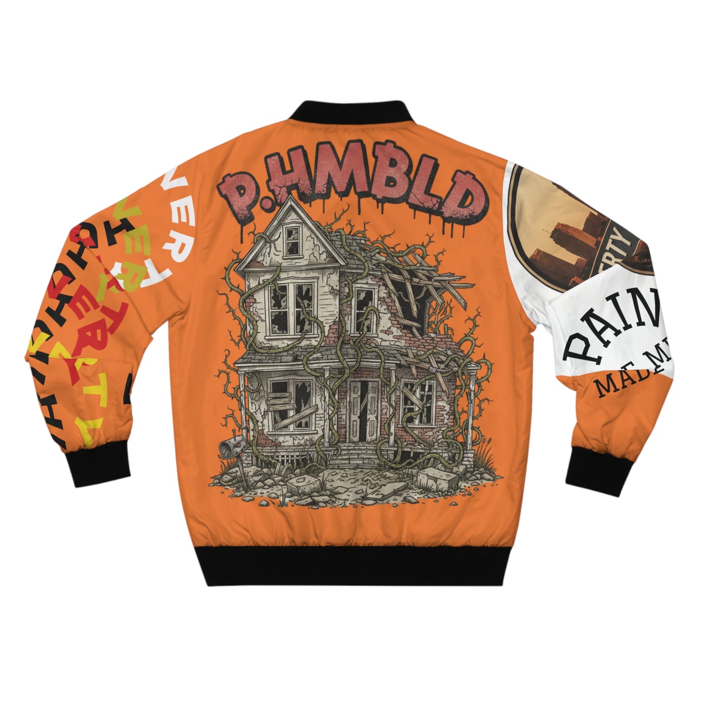 P.HMBLD Distressed House Graphic Bomber Jacket