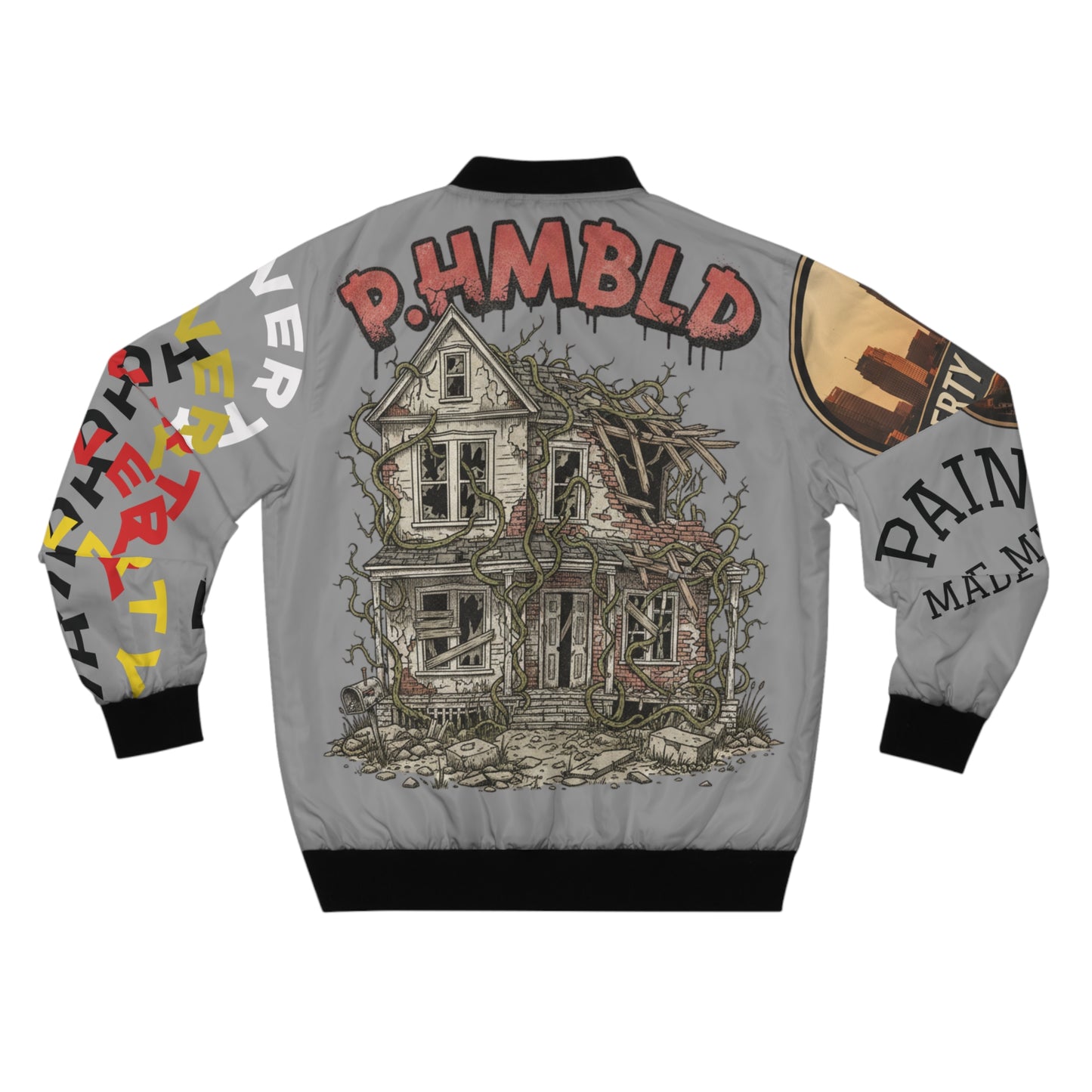 P.HMBLD Distressed House Graphic Bomber Jacket