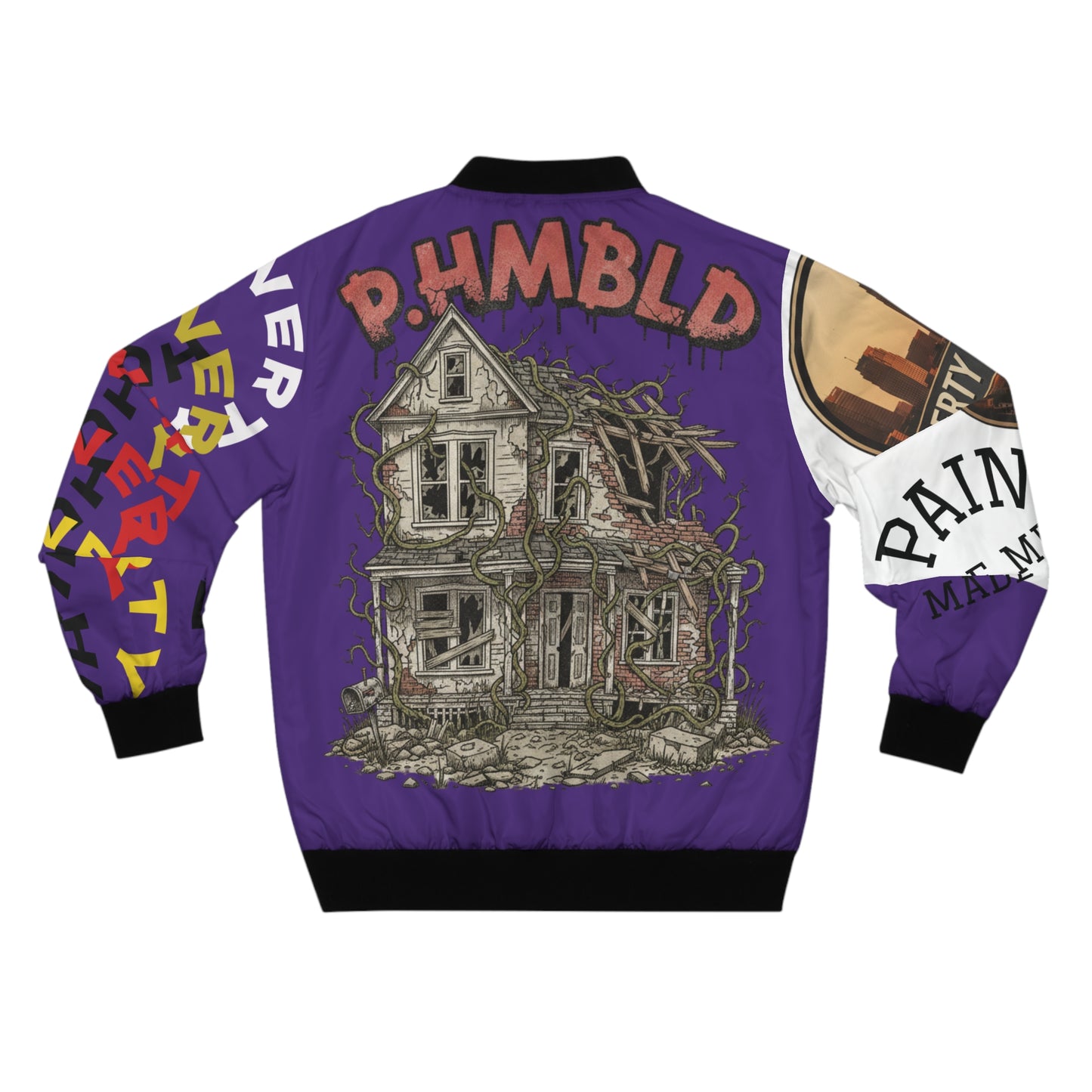 P.HMBLD Distressed House Graphic Bomber Jacket