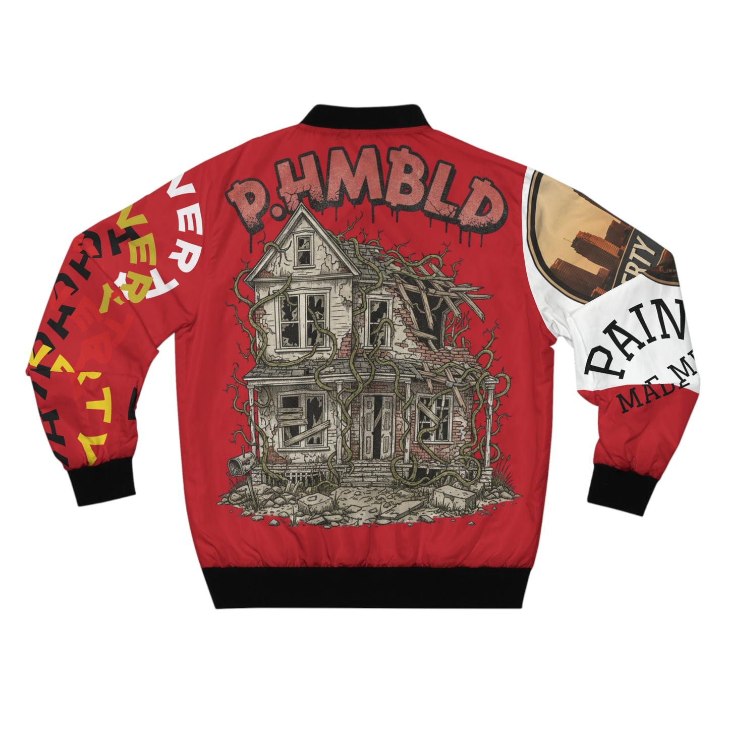 P.HMBLD Distressed House Graphic Bomber Jacket