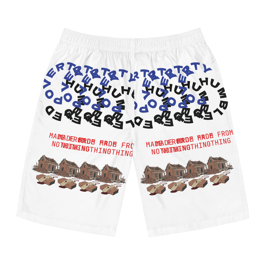 Graphic Board Shorts — Over/Under Thumb Design with Retro House Collage